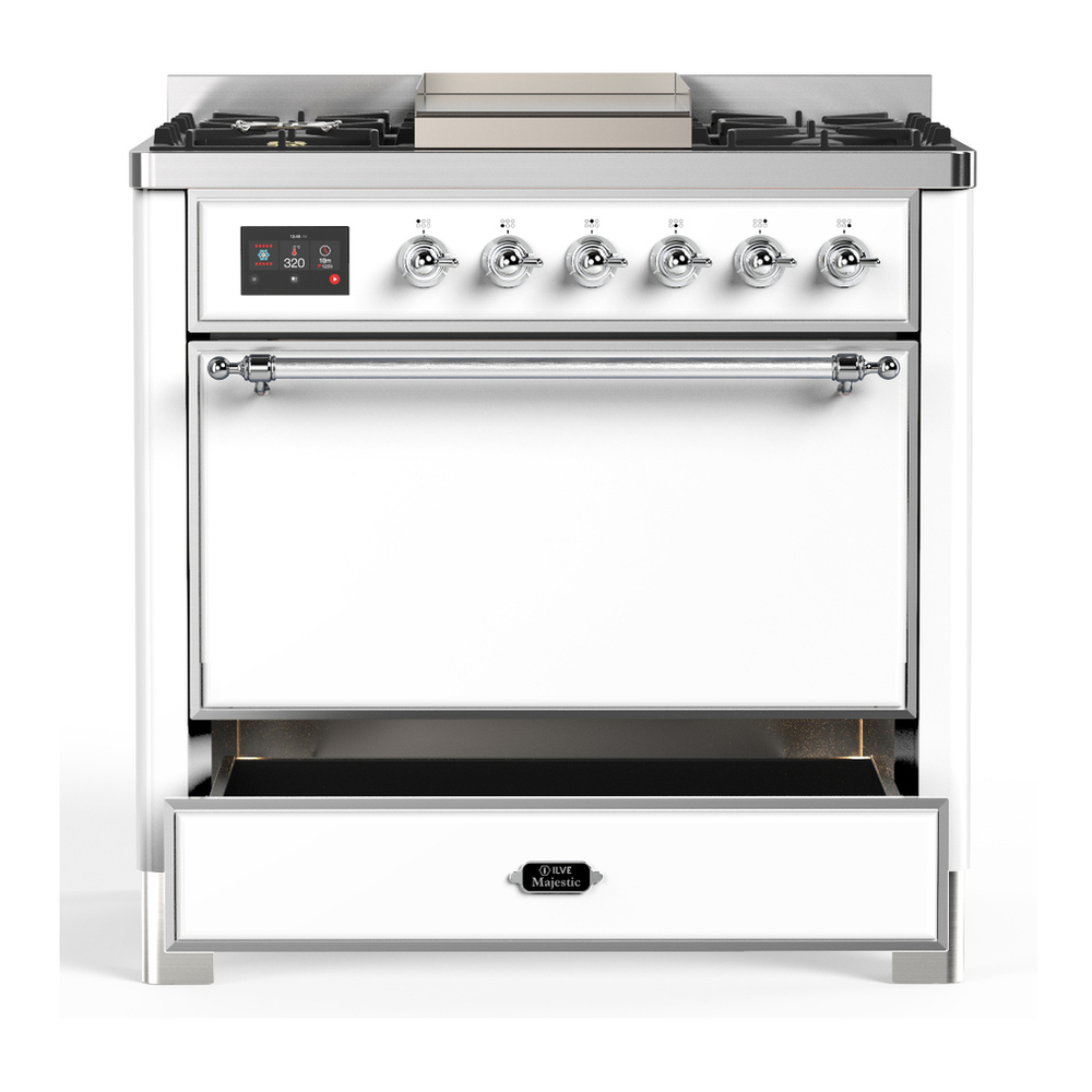 ILVE UM36FQNR3WHCLP Majestic III 36 inch Dual Fuel Range with 6 Black Brass Burners and Griddle, Dual Function Burner up to 25,000 BTU (Solid Door, White, Chrome, Liquid Propane) 7 ILVE-UM36FQNR3WHCLP-Drawer Open View