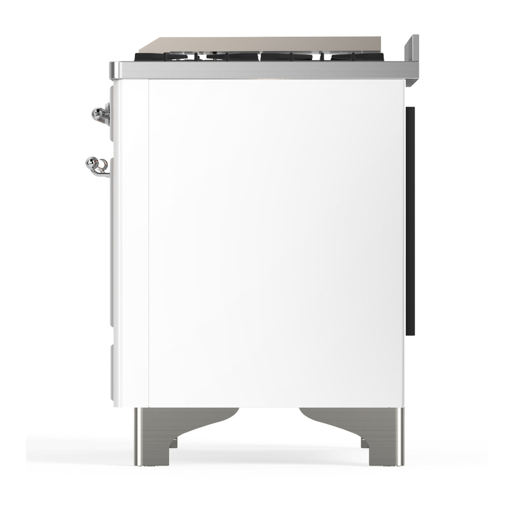 ILVE UM36FQNR3WHCLP Majestic III 36 inch Dual Fuel Range with 6 Black Brass Burners and Griddle, Dual Function Burner up to 25,000 BTU (Solid Door, White, Chrome, Liquid Propane) 11 ILVE-UM36FQNR3WHCLP-Left Side View