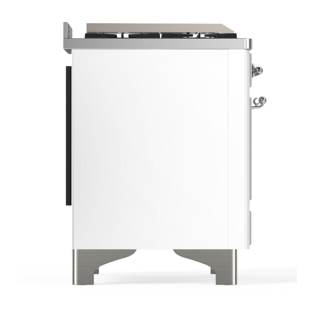 ILVE UM36FQNR3WHCLP Majestic III 36 inch Dual Fuel Range with 6 Black Brass Burners and Griddle, Dual Function Burner up to 25,000 BTU (Solid Door, White, Chrome, Liquid Propane) 10 ILVE-UM36FQNR3WHCLP-Right Side View