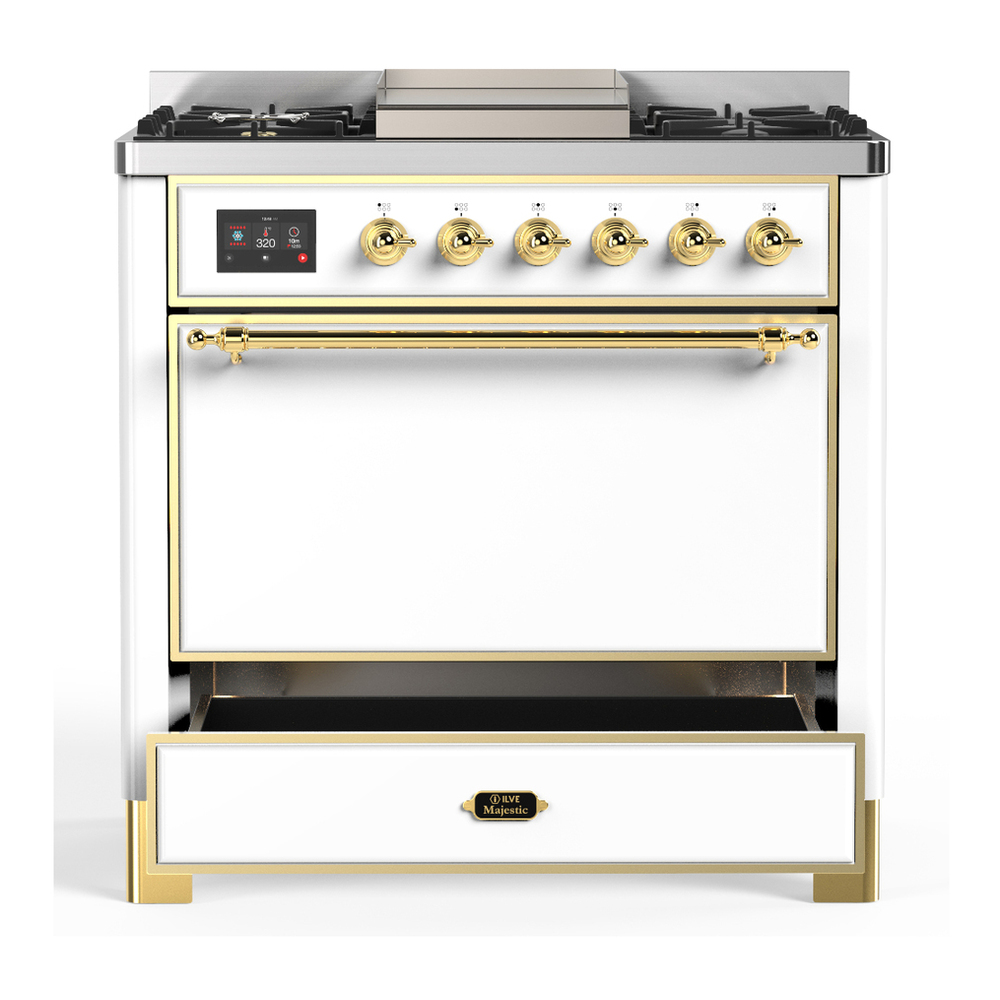 ILVE UM36FQNR3WHGLP Majestic III 36 inch Dual Fuel Range with 6 Black Brass Burners and Griddle, Dual Function Burner up to 25,000 BTU (Solid Door, White, Brass, Liquid Propane) 7 ILVE-UM36FQNR3WHGLP-Drawer Open View