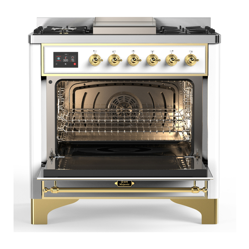 ILVE UM36FQNR3WHG Majestic III 36 inch Dual Fuel Range with 6 Black Brass Burners and Griddle, Dual Function Burner up to 25,000 BTU (Solid Door, White, Brass, Natural Gas) 6 ILVE-UM36FQNR3WHG-Open Door View