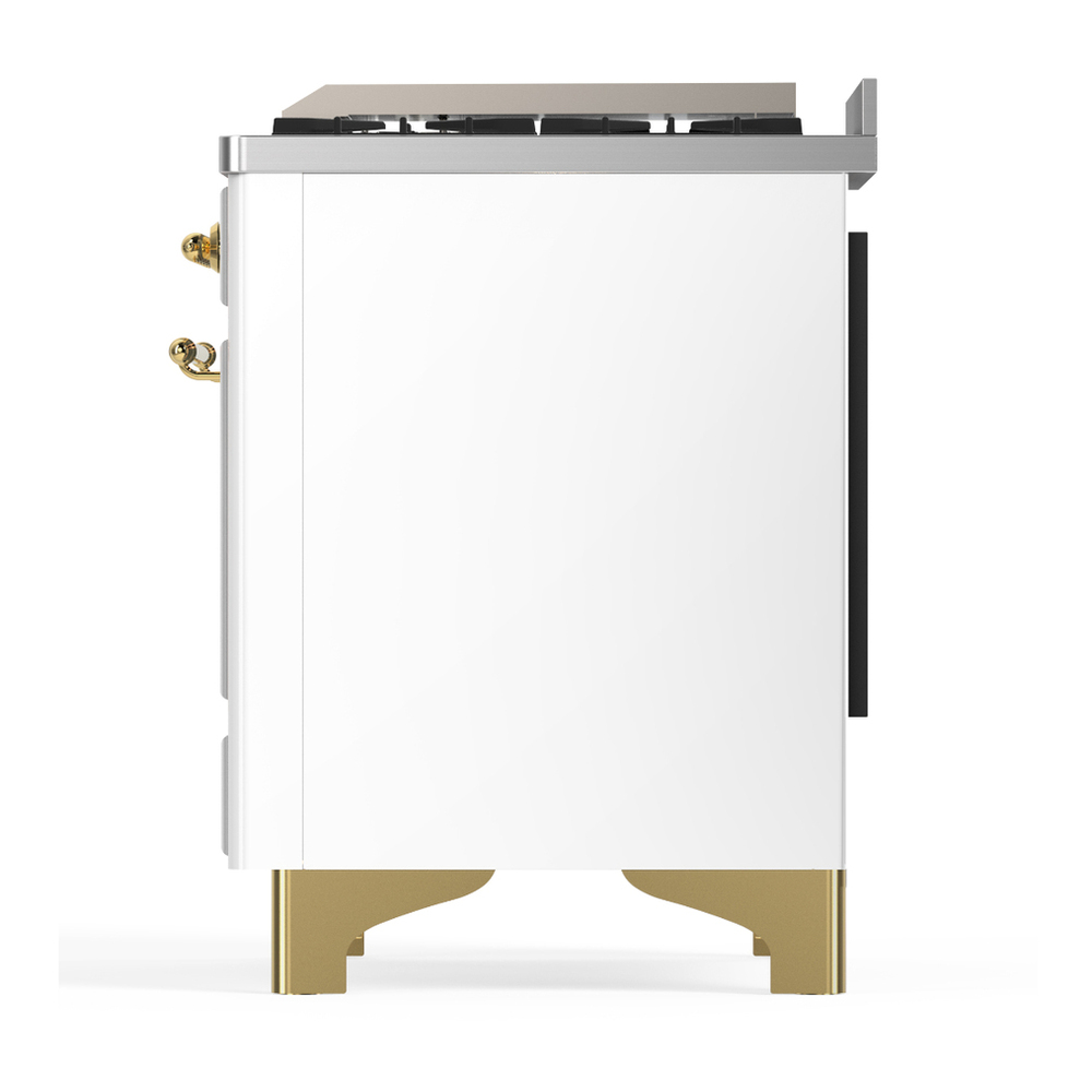 ILVE UM36FQNR3WHG Majestic III 36 inch Dual Fuel Range with 6 Black Brass Burners and Griddle, Dual Function Burner up to 25,000 BTU (Solid Door, White, Brass, Natural Gas) 11 ILVE-UM36FQNR3WHG-Left Side View