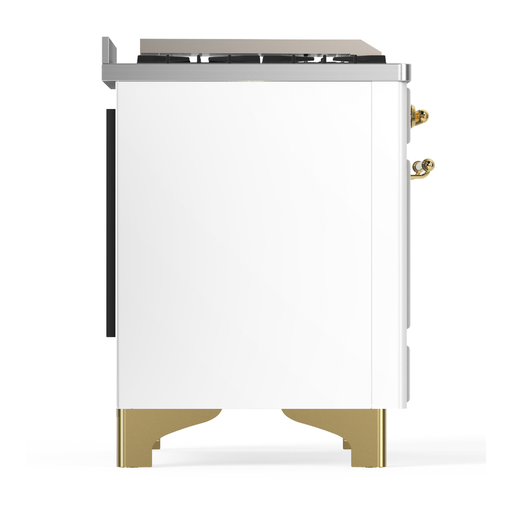 ILVE UM36FQNR3WHG Majestic III 36 inch Dual Fuel Range with 6 Black Brass Burners and Griddle, Dual Function Burner up to 25,000 BTU (Solid Door, White, Brass, Natural Gas) 10 ILVE-UM36FQNR3WHG-Right Side View