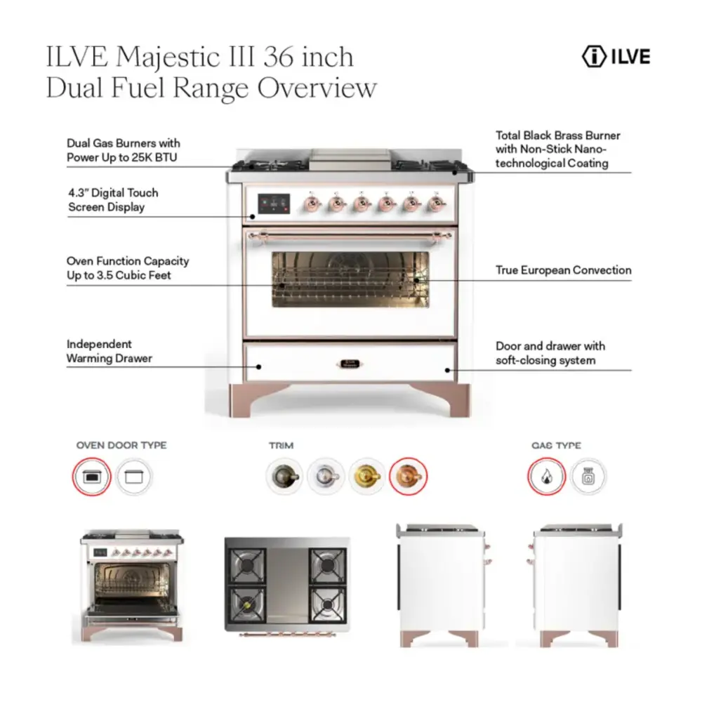 ILVE UM36F Majestic III 36 inch Dual Fuel Range with 6 Black Brass Burners and Griddle, Dual Function Burner up to 25,000 BTU