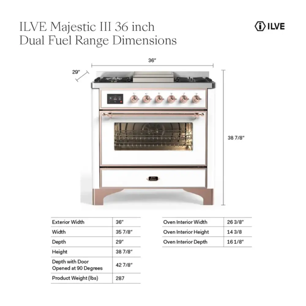 ILVE UM36F Majestic III 36 inch Dual Fuel Range with 6 Black Brass Burners and Griddle, Dual Function Burner up to 25,000 BTU
