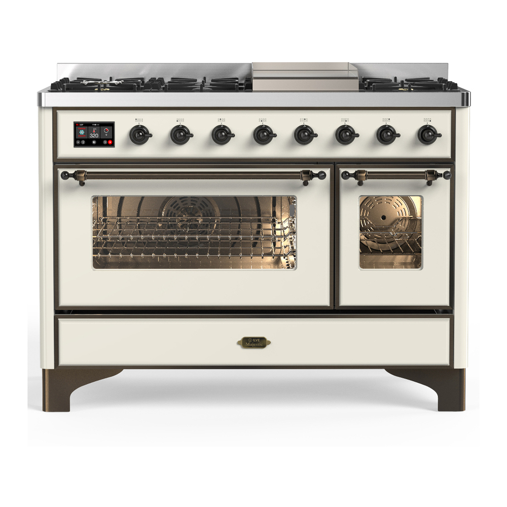 ILVE UM48FNR3AWB Majestic III 48 inch Dual Fuel Range with 8 Burners and Griddle, Dual Function Burner up to 25,000 BTU (Natural Gas, Triple Glass Door, Antique White, Burnished) 1 UM48FNR3AWB