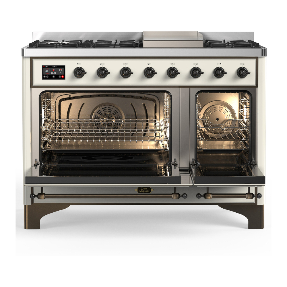ILVE UM48FNR3AWB Majestic III 48 inch Dual Fuel Range with 8 Burners and Griddle, Dual Function Burner up to 25,000 BTU (Natural Gas, Triple Glass Door, Antique White, Burnished) 2 ILVE-UM48FNR3AWB-Double Oven Open View