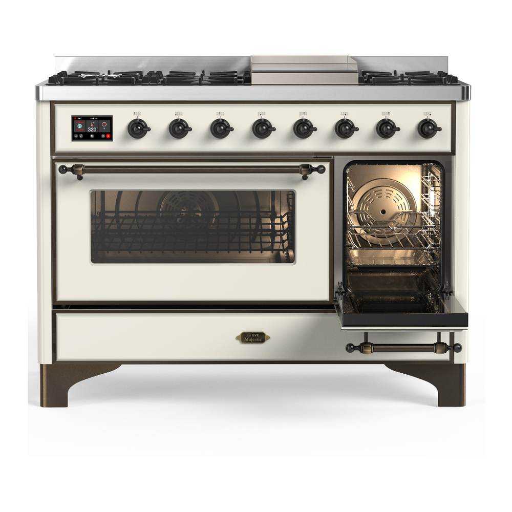 ILVE UM48FNR3AWB Majestic III 48 inch Dual Fuel Range with 8 Burners and Griddle, Dual Function Burner up to 25,000 BTU (Natural Gas, Triple Glass Door, Antique White, Burnished) 4 ILVE-UM48FNR3AWB-Secondary Oven Open View