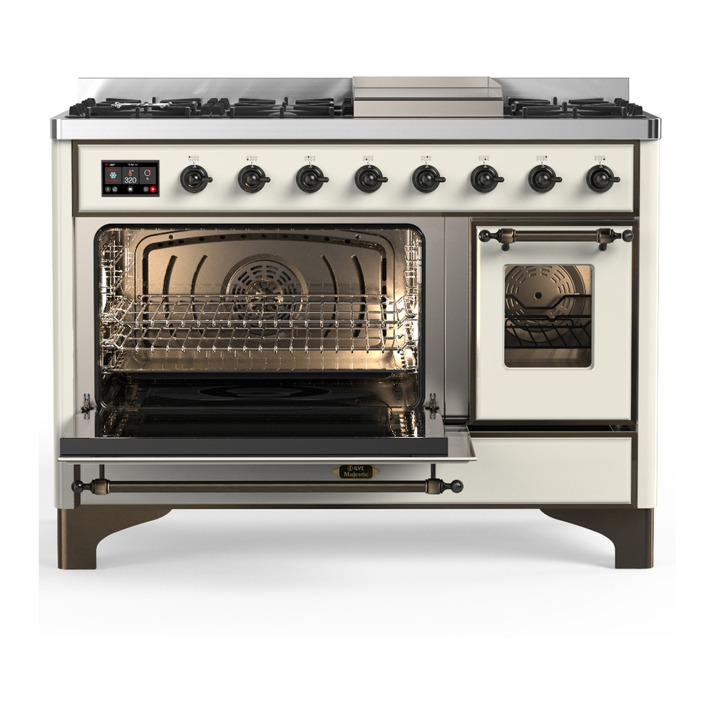 ILVE UM48FNR3AWB Majestic III 48 inch Dual Fuel Range with 8 Burners and Griddle, Dual Function Burner up to 25,000 BTU (Natural Gas, Triple Glass Door, Antique White, Burnished) 3 ILVE-UM48FNR3AWB-Primary Oven Open View