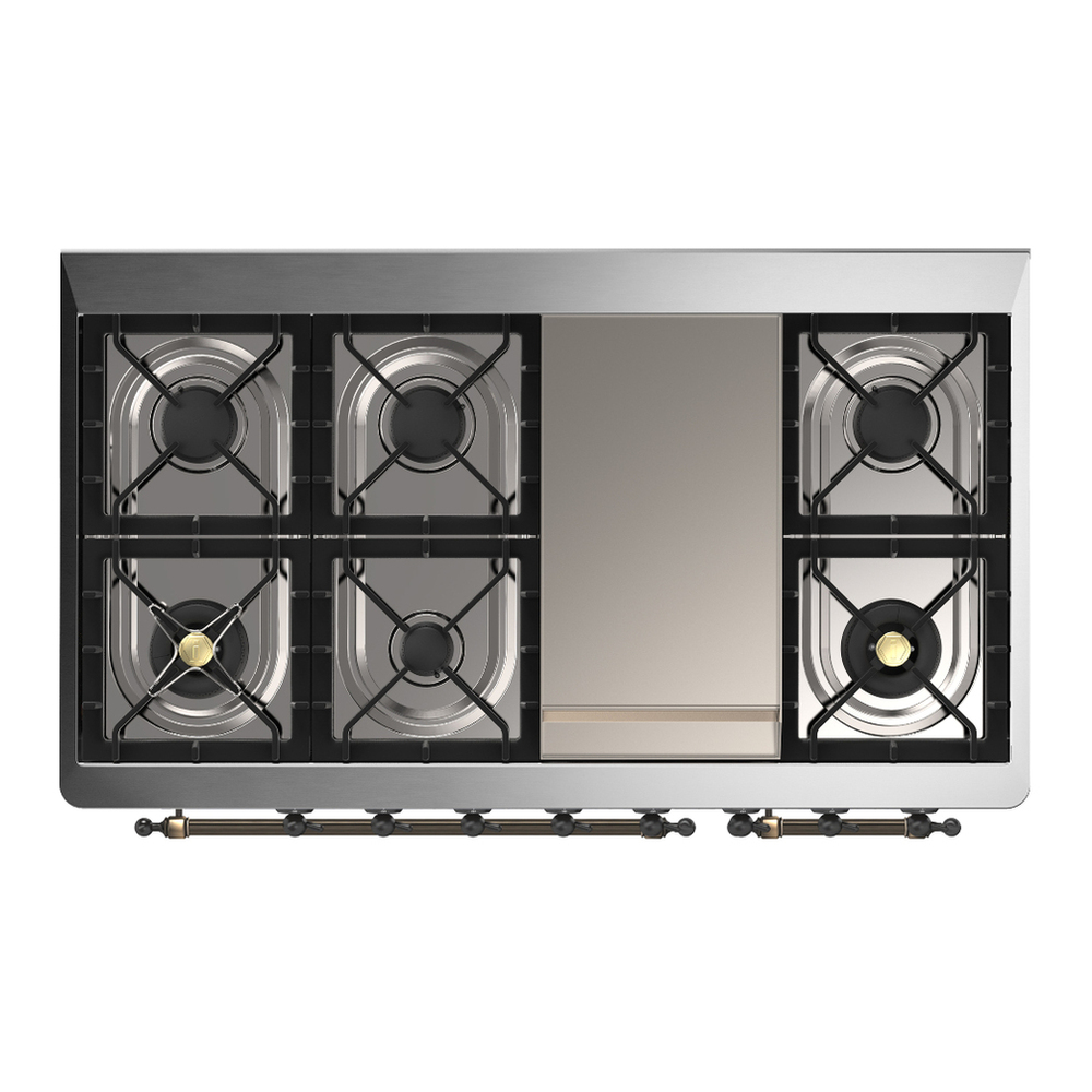 ILVE UM48FNR3AWB Majestic III 48 inch Dual Fuel Range with 8 Burners and Griddle, Dual Function Burner up to 25,000 BTU (Natural Gas, Triple Glass Door, Antique White, Burnished) 6 ILVE-UM48FNR3AWB-Top View