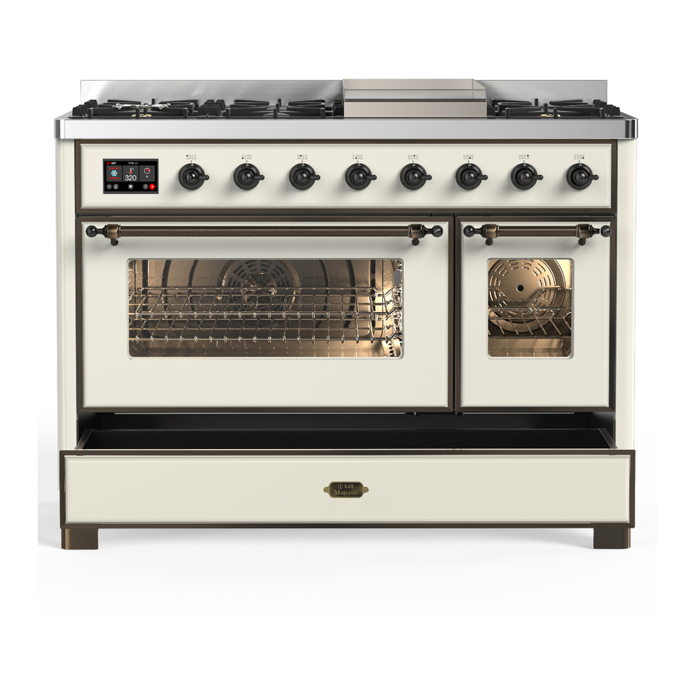 ILVE UM48FNR3AWB Majestic III 48 inch Dual Fuel Range with 8 Burners and Griddle, Dual Function Burner up to 25,000 BTU (Natural Gas, Triple Glass Door, Antique White, Burnished) 5 ILVE-UM48FNR3AWB-Drawer Open View