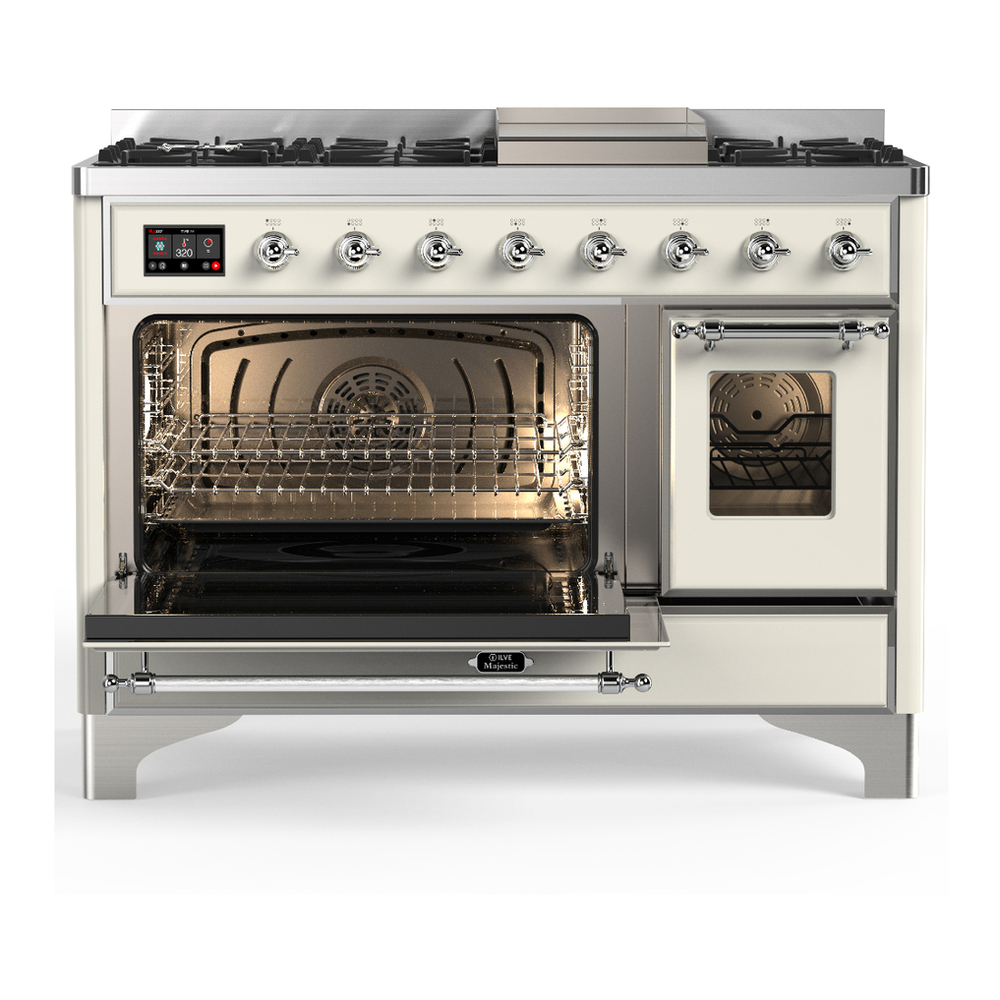 ILVE UM48FNR3AWCLP Majestic III 48 inch Dual Fuel Range with 8 Burners and Griddle, Dual Function Burner up to 25,000 BTU (Liquid Propane, Triple Glass Door, Antique White, Chrome) 6 ILVE-UM48FNR3AWCLP-Primary Oven Open View