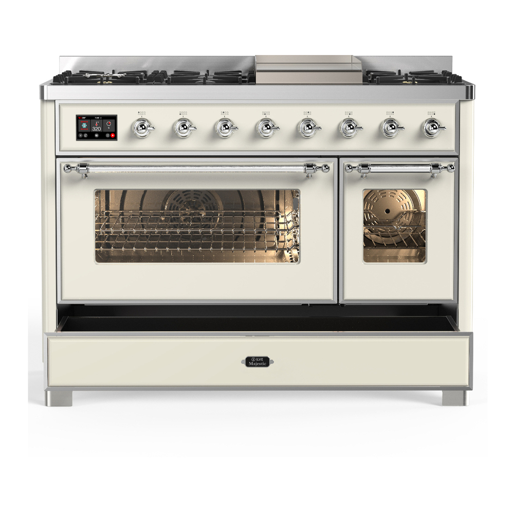 ILVE UM48FNR3AWCLP Majestic III 48 inch Dual Fuel Range with 8 Burners and Griddle, Dual Function Burner up to 25,000 BTU (Liquid Propane, Triple Glass Door, Antique White, Chrome) 8 ILVE-UM48FNR3AWCLP-Drawer Open View