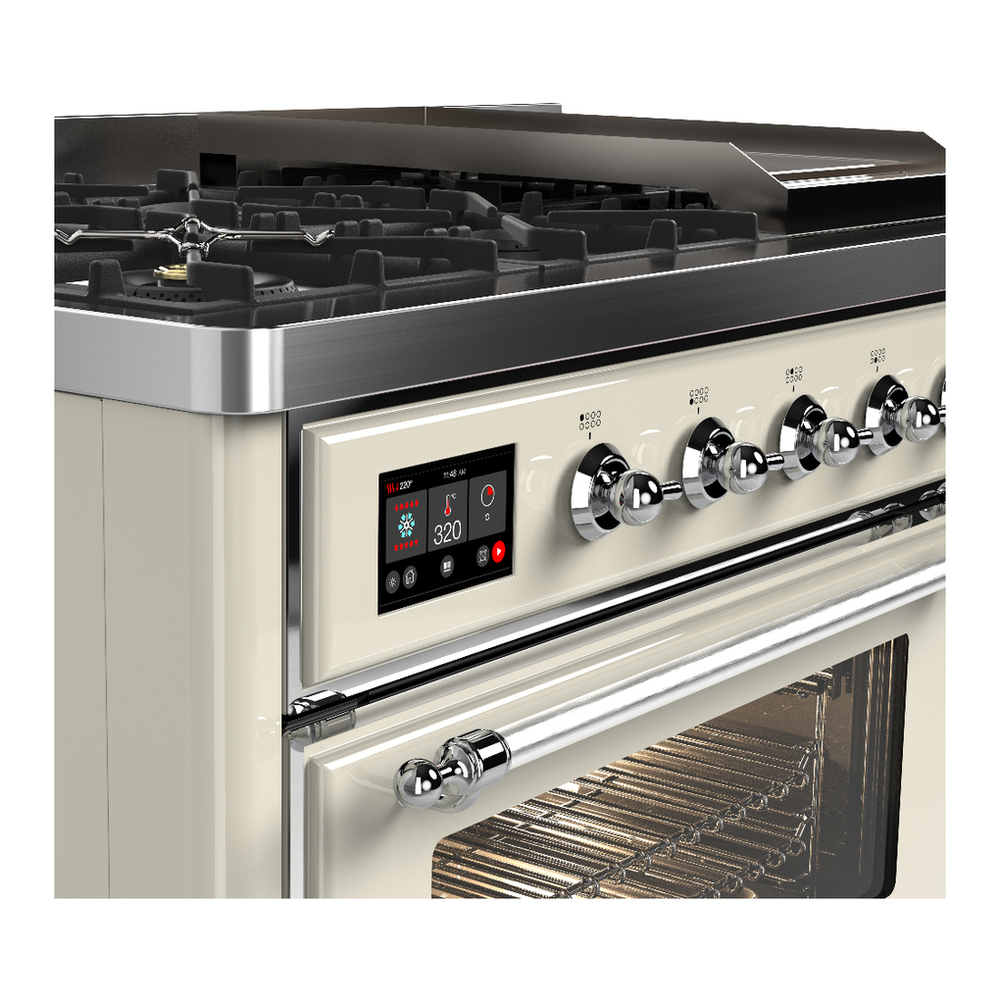 ILVE UM48FNR3AWCLP Majestic III 48 inch Dual Fuel Range with 8 Burners and Griddle, Dual Function Burner up to 25,000 BTU (Liquid Propane, Triple Glass Door, Antique White, Chrome) 10 ILVE-UM48FNR3AWCLP-Control Knobs View
