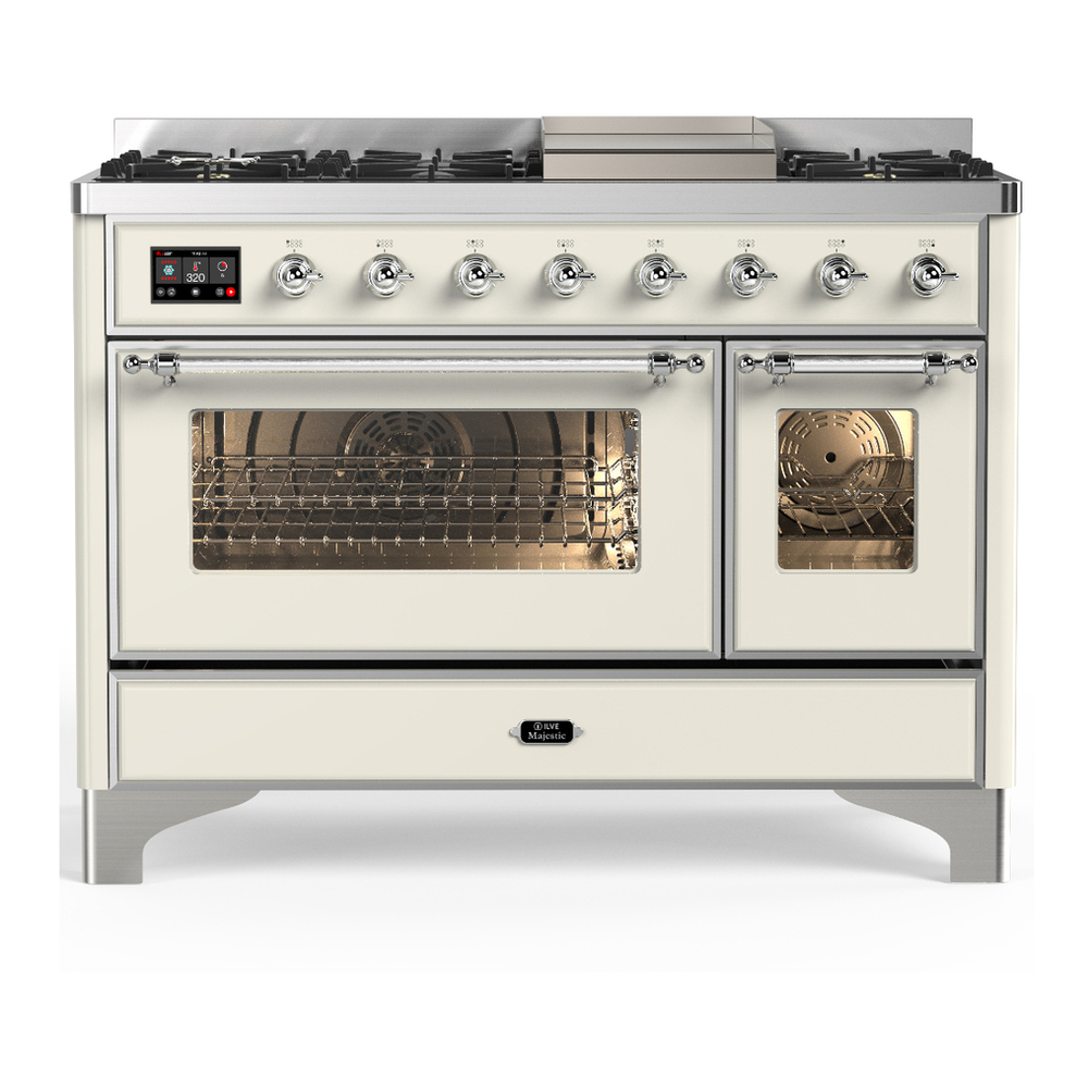 ILVE UM48FNR3AWC Majestic III 48 inch Dual Fuel Range with 8 Burners and Griddle, Dual Function Burner up to 25,000 BTU (Natural Gas, Triple Glass Door, Antique White, Chrome) 1 UM48FNR3AWC