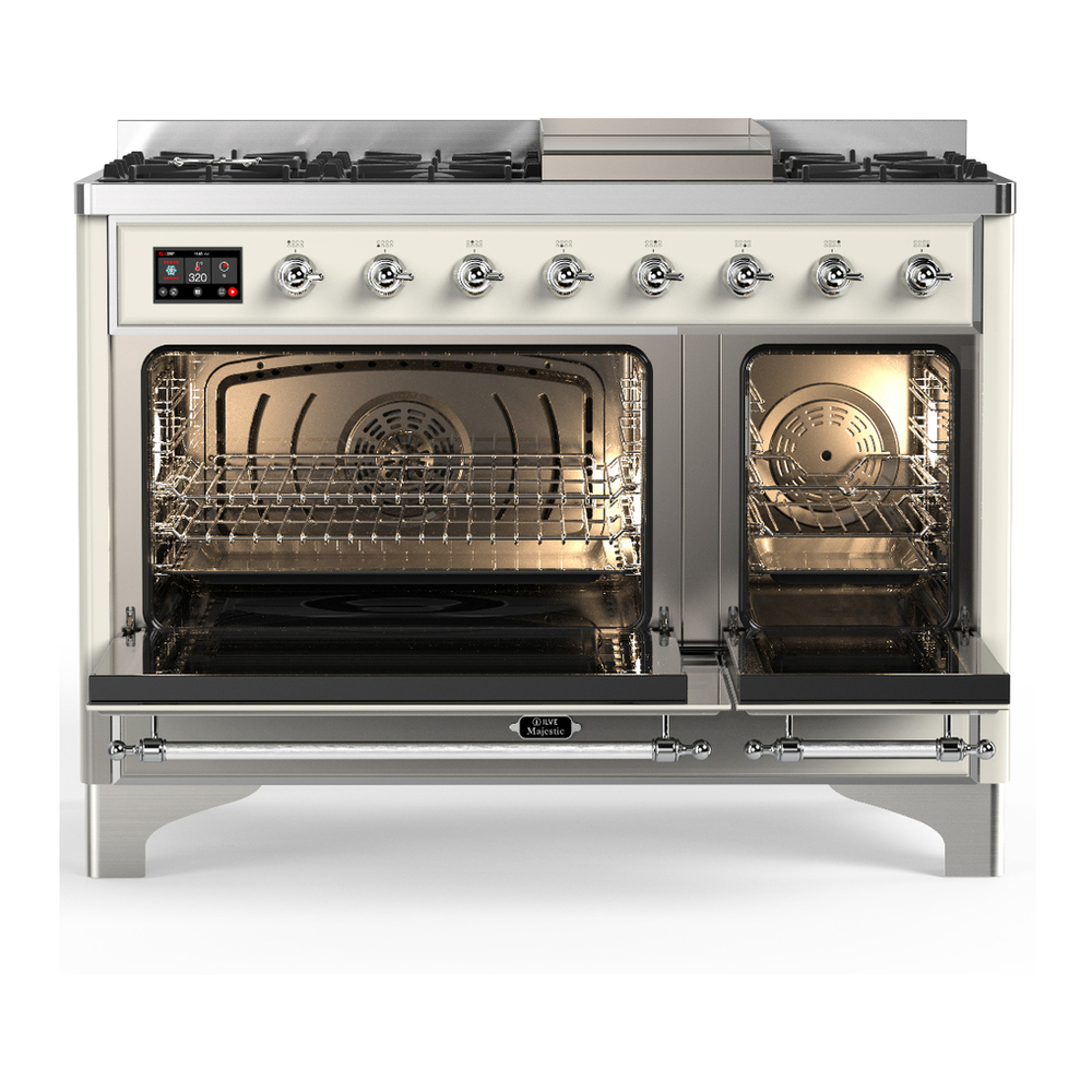 ILVE UM48FNR3AWC Majestic III 48 inch Dual Fuel Range with 8 Burners and Griddle, Dual Function Burner up to 25,000 BTU (Natural Gas, Triple Glass Door, Antique White, Chrome) 2 ILVE-UM48FNR3AWC-Double Oven Open View