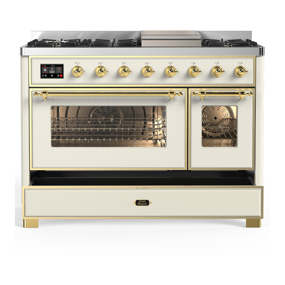 ILVE UM48FNR3AWGLP Majestic III 48 inch Dual Fuel Range with 8 Burners and Griddle, Dual Function Burner up to 25,000 BTU (Liquid Propane, Triple Glass Door, Antique White, Brass) 8 ILVE-UM48FNR3AWGLP-Drawer Open View