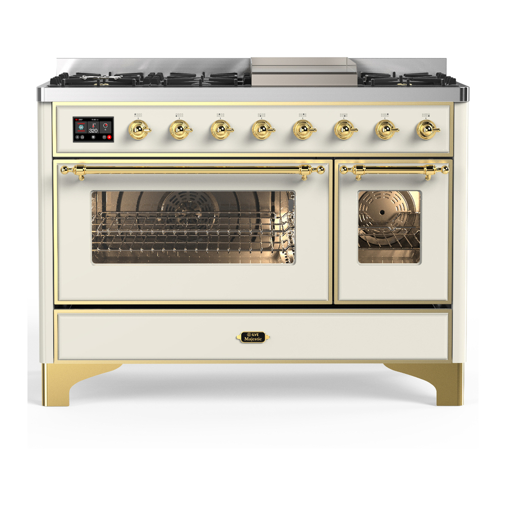 ILVE UM48FNR3AWG Majestic III 48 inch Dual Fuel Range with 8 Burners and Griddle, Dual Function Burner up to 25,000 BTU (Natural Gas, Triple Glass Door, Antique White, Brass) 1 UM48FNR3AWG