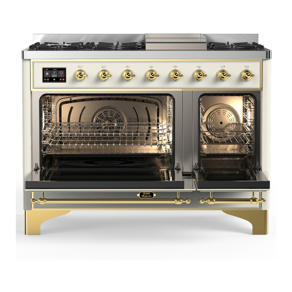 ILVE UM48FNR3AWG Majestic III 48 inch Dual Fuel Range with 8 Burners and Griddle, Dual Function Burner up to 25,000 BTU (Natural Gas, Triple Glass Door, Antique White, Brass) 2 ILVE-UM48FNR3AWG-Double Oven Open View