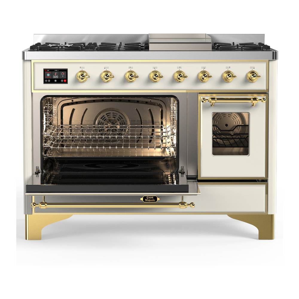 ILVE UM48FNR3AWG Majestic III 48 inch Dual Fuel Range with 8 Burners and Griddle, Dual Function Burner up to 25,000 BTU (Natural Gas, Triple Glass Door, Antique White, Brass) 3 ILVE-UM48FNR3AWG-Primary Oven Open View