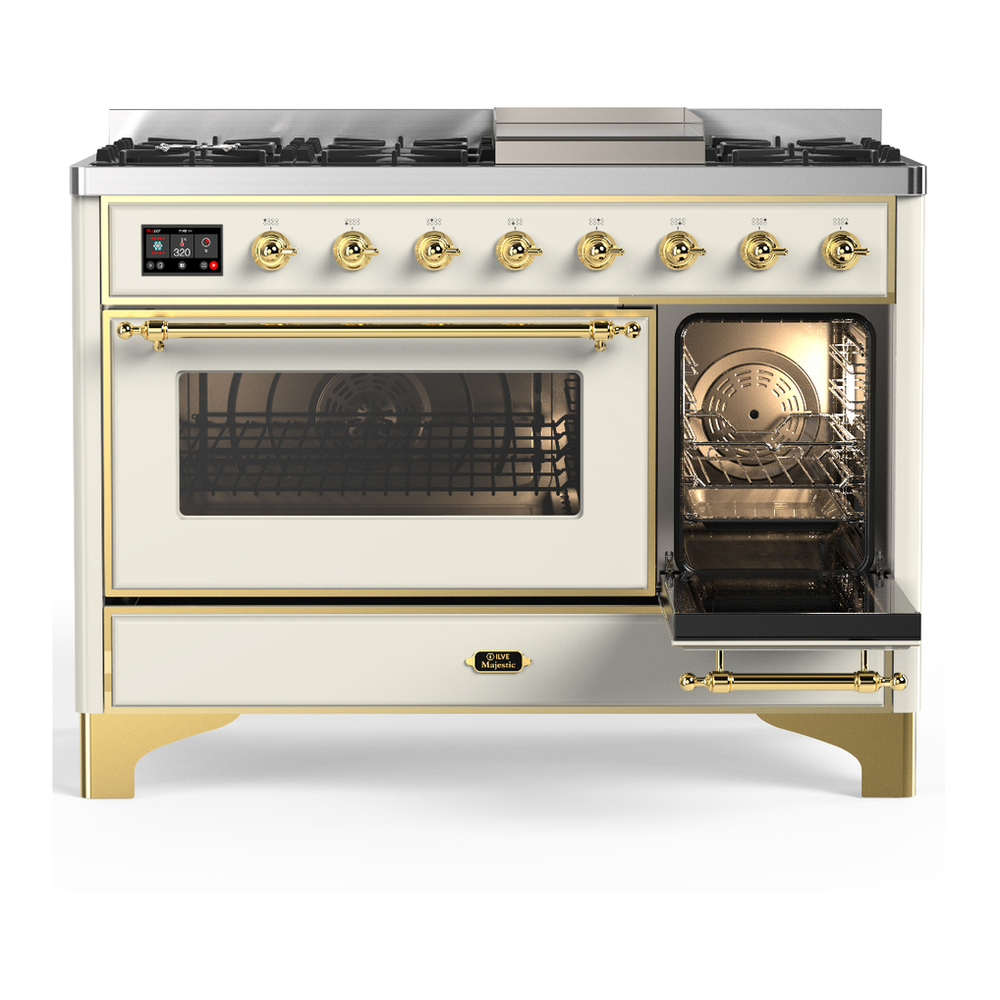 ILVE UM48FNR3AWG Majestic III 48 inch Dual Fuel Range with 8 Burners and Griddle, Dual Function Burner up to 25,000 BTU (Natural Gas, Triple Glass Door, Antique White, Brass) 7 ILVE-UM48FNR3AWG-Secondary Oven Open View