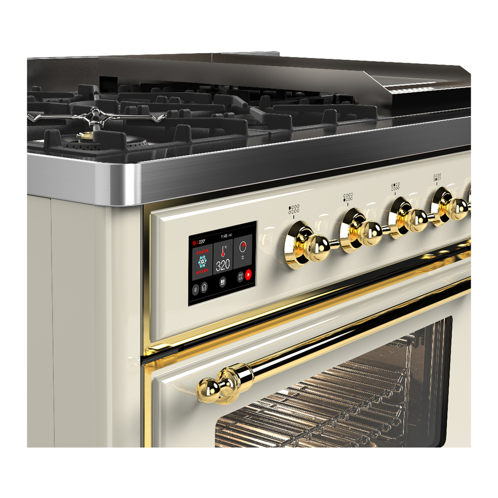 ILVE UM48FNR3AWG Majestic III 48 inch Dual Fuel Range with 8 Burners and Griddle, Dual Function Burner up to 25,000 BTU (Natural Gas, Triple Glass Door, Antique White, Brass) 7 ILVE-UM48FNR3AWG-Control Knobs View