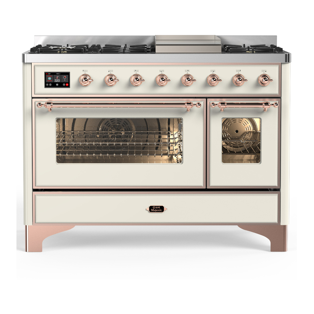 ILVE UM48FNR3AWP Majestic III 48 inch Dual Fuel Range with 8 Burners and Griddle, Dual Function Burner up to 25,000 BTU (Natural Gas, Triple Glass Door, Antique White, Copper) 1 UM48FNR3AWP