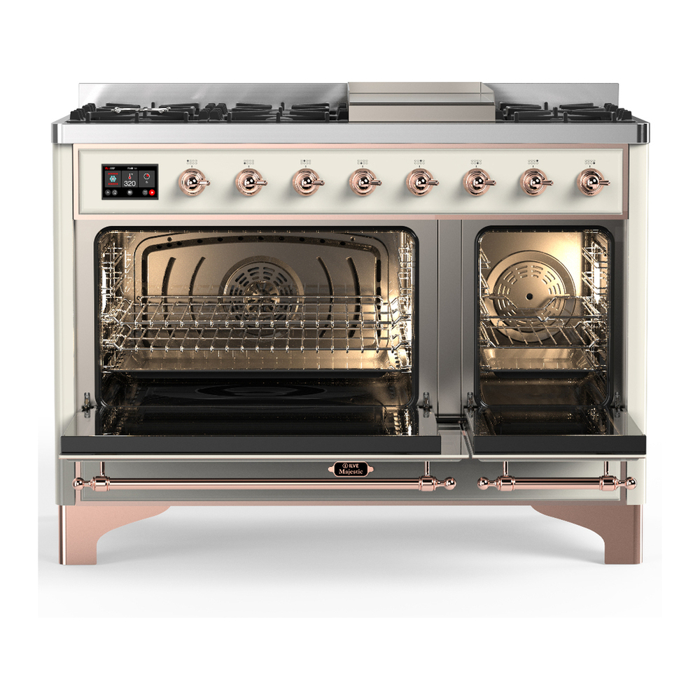 ILVE UM48FNR3AWP Majestic III 48 inch Dual Fuel Range with 8 Burners and Griddle, Dual Function Burner up to 25,000 BTU (Natural Gas, Triple Glass Door, Antique White, Copper) 5 ILVE-UM48FNR3AWP-Double Oven Open View