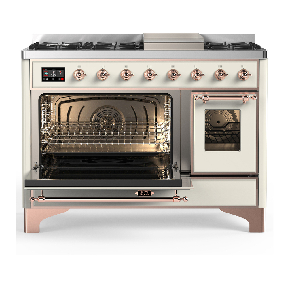 ILVE UM48FNR3AWP Majestic III 48 inch Dual Fuel Range with 8 Burners and Griddle, Dual Function Burner up to 25,000 BTU (Natural Gas, Triple Glass Door, Antique White, Copper) 6 ILVE-UM48FNR3AWP-Primary Oven Open View