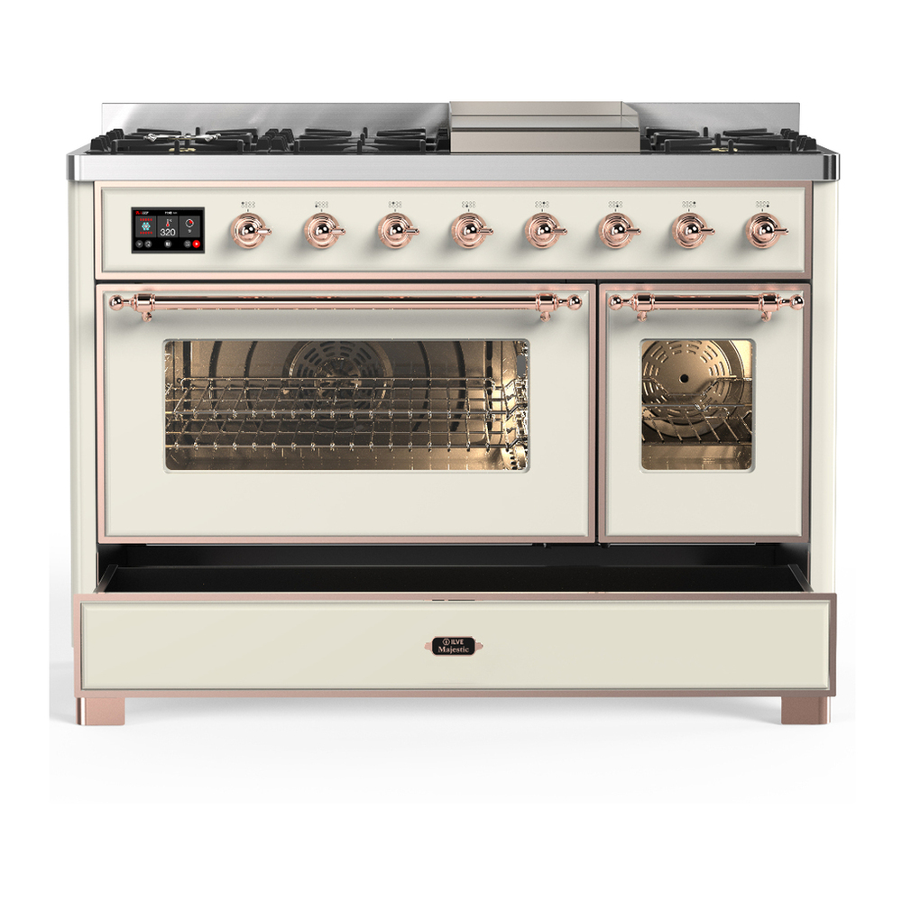 ILVE UM48FNR3AWP Majestic III 48 inch Dual Fuel Range with 8 Burners and Griddle, Dual Function Burner up to 25,000 BTU (Natural Gas, Triple Glass Door, Antique White, Copper) 8 ILVE-UM48FNR3AWP-Drawer Open View