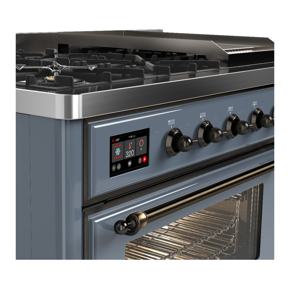 ILVE UM48FNR3BGBLP Majestic III 48 inch Dual Fuel Range with 8 Burners and Griddle, Dual Function Burner up to 25,000 BTU (Liquid Propane, Triple Glass Door, Blue Grey, Burnished) 10 ILVE-UM48FNR3BGBLP-Control Knobs View