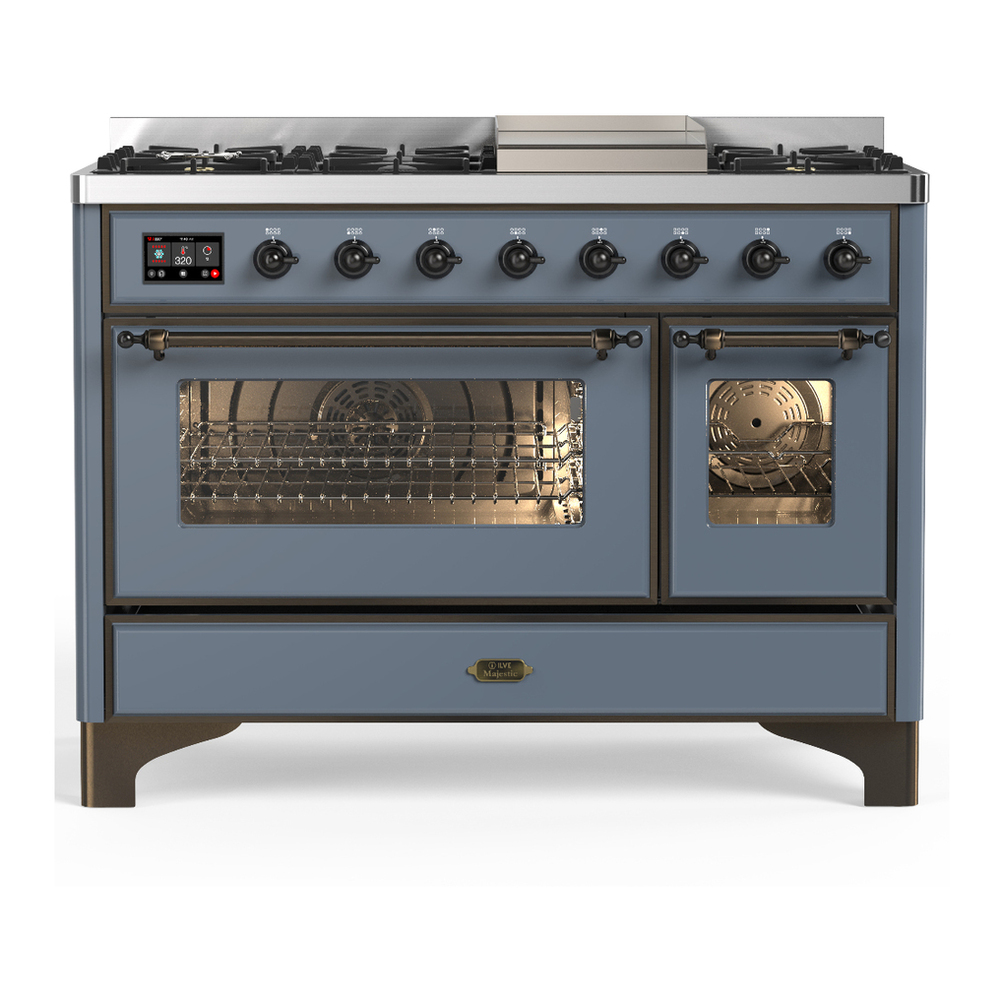 ILVE UM48FNR3BGB Majestic III 48 inch Dual Fuel Range with 8 Burners and Griddle, Dual Function Burner up to 25,000 BTU (Natural Gas, Triple Glass Door, Blue Grey, Burnished) 1 UM48FNR3BGB