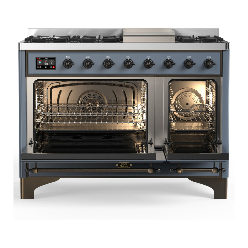 ILVE UM48FNR3BGB Majestic III 48 inch Dual Fuel Range with 8 Burners and Griddle, Dual Function Burner up to 25,000 BTU (Natural Gas, Triple Glass Door, Blue Grey, Burnished) 2 ILVE-UM48FNR3BGB-Double Oven Open View