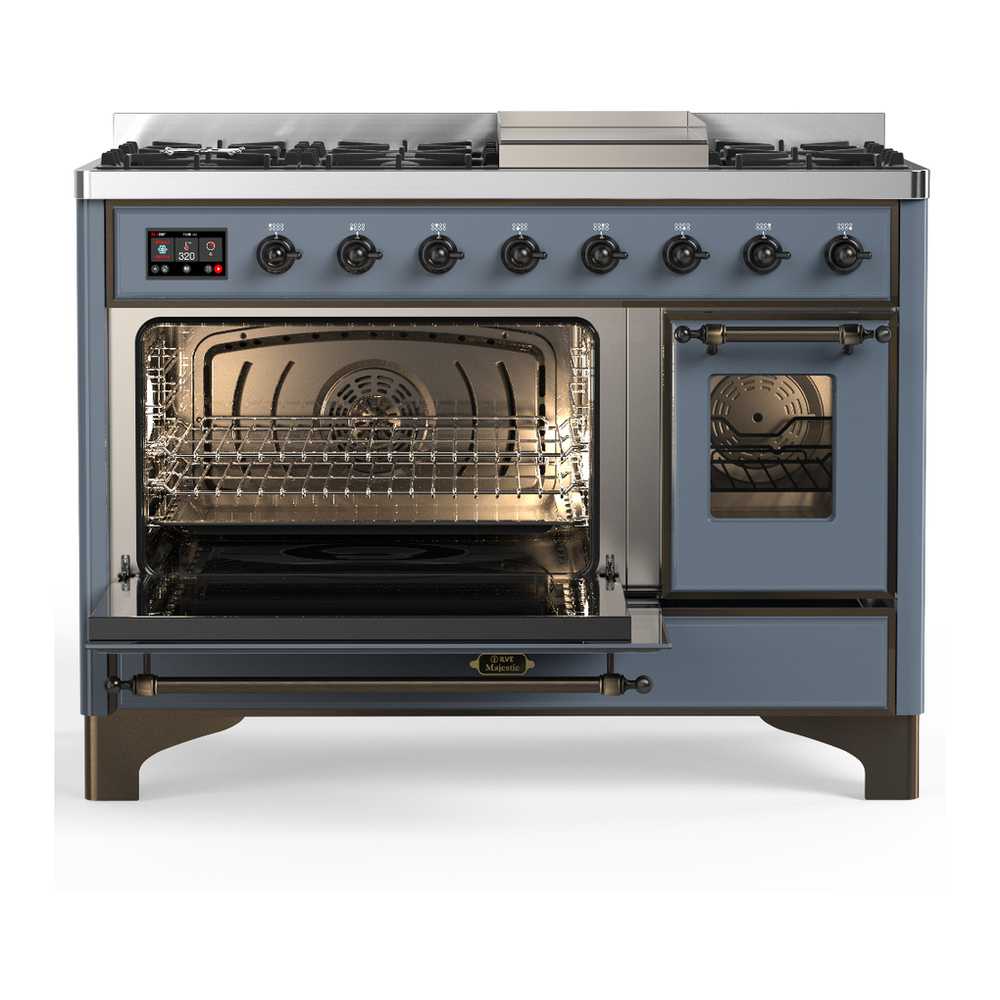 ILVE UM48FNR3BGB Majestic III 48 inch Dual Fuel Range with 8 Burners and Griddle, Dual Function Burner up to 25,000 BTU (Natural Gas, Triple Glass Door, Blue Grey, Burnished) 3 ILVE-UM48FNR3BGB-Primary Oven Open View
