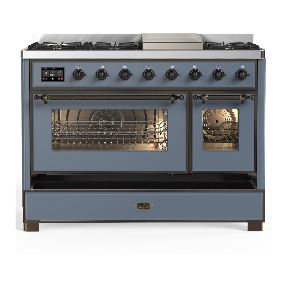 ILVE UM48FNR3BGB Majestic III 48 inch Dual Fuel Range with 8 Burners and Griddle, Dual Function Burner up to 25,000 BTU (Natural Gas, Triple Glass Door, Blue Grey, Burnished) 5 ILVE-UM48FNR3BGB-Drawer Open View