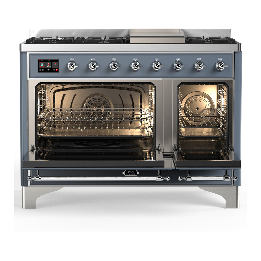 ILVE UM48FNR3BGCLP Majestic III 48 inch Dual Fuel Range with 8 Burners and Griddle, Dual Function Burner up to 25,000 BTU (Liquid Propane, Triple Glass Door, Blue Grey, Chrome) 5 ILVE-UM48FNR3BGCLP-Double Oven Open View
