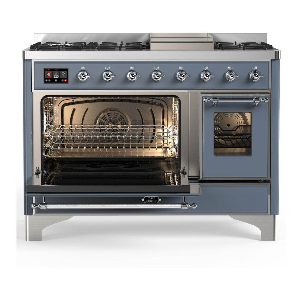 ILVE UM48FNR3BGCLP Majestic III 48 inch Dual Fuel Range with 8 Burners and Griddle, Dual Function Burner up to 25,000 BTU (Liquid Propane, Triple Glass Door, Blue Grey, Chrome) 6 ILVE-UM48FNR3BGCLP-Primary Oven Open View