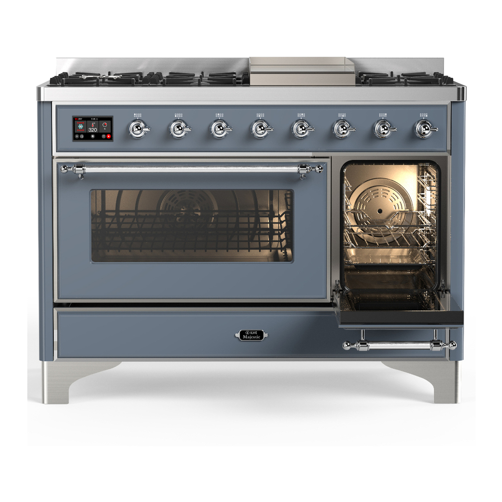 ILVE UM48FNR3BGCLP Majestic III 48 inch Dual Fuel Range with 8 Burners and Griddle, Dual Function Burner up to 25,000 BTU (Liquid Propane, Triple Glass Door, Blue Grey, Chrome) 7 ILVE-UM48FNR3BGCLP-Secondary Oven Open View