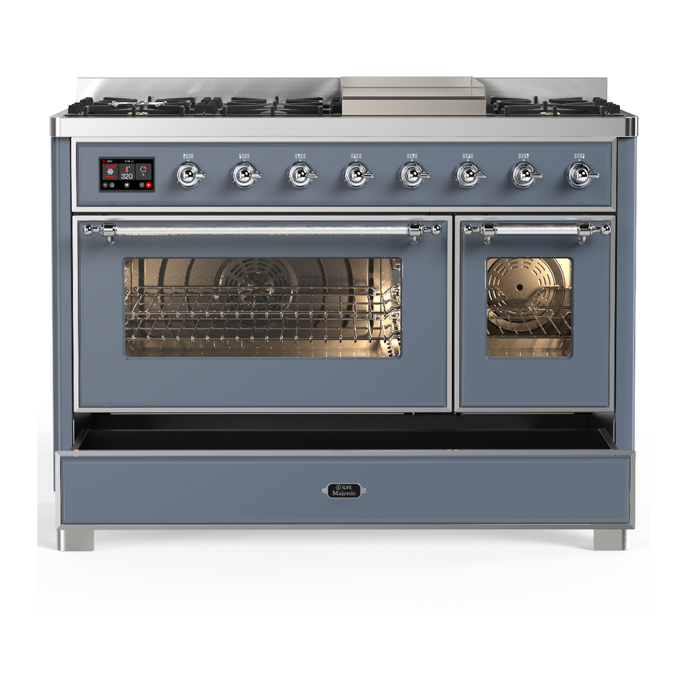 ILVE UM48FNR3BGCLP Majestic III 48 inch Dual Fuel Range with 8 Burners and Griddle, Dual Function Burner up to 25,000 BTU (Liquid Propane, Triple Glass Door, Blue Grey, Chrome) 8 ILVE-UM48FNR3BGCLP-Drawer Open View