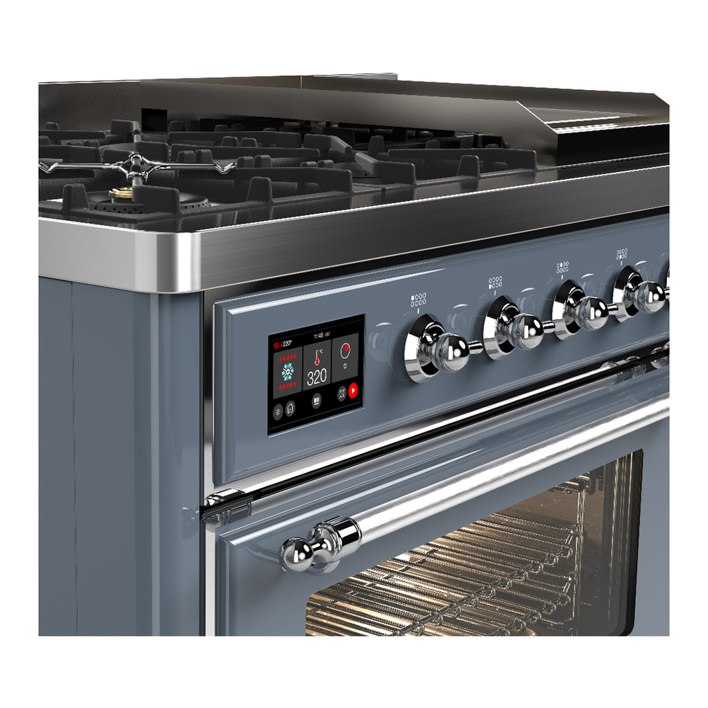 ILVE UM48FNR3BGCLP Majestic III 48 inch Dual Fuel Range with 8 Burners and Griddle, Dual Function Burner up to 25,000 BTU (Liquid Propane, Triple Glass Door, Blue Grey, Chrome) 10 ILVE-UM48FNR3BGCLP-Control Knobs View