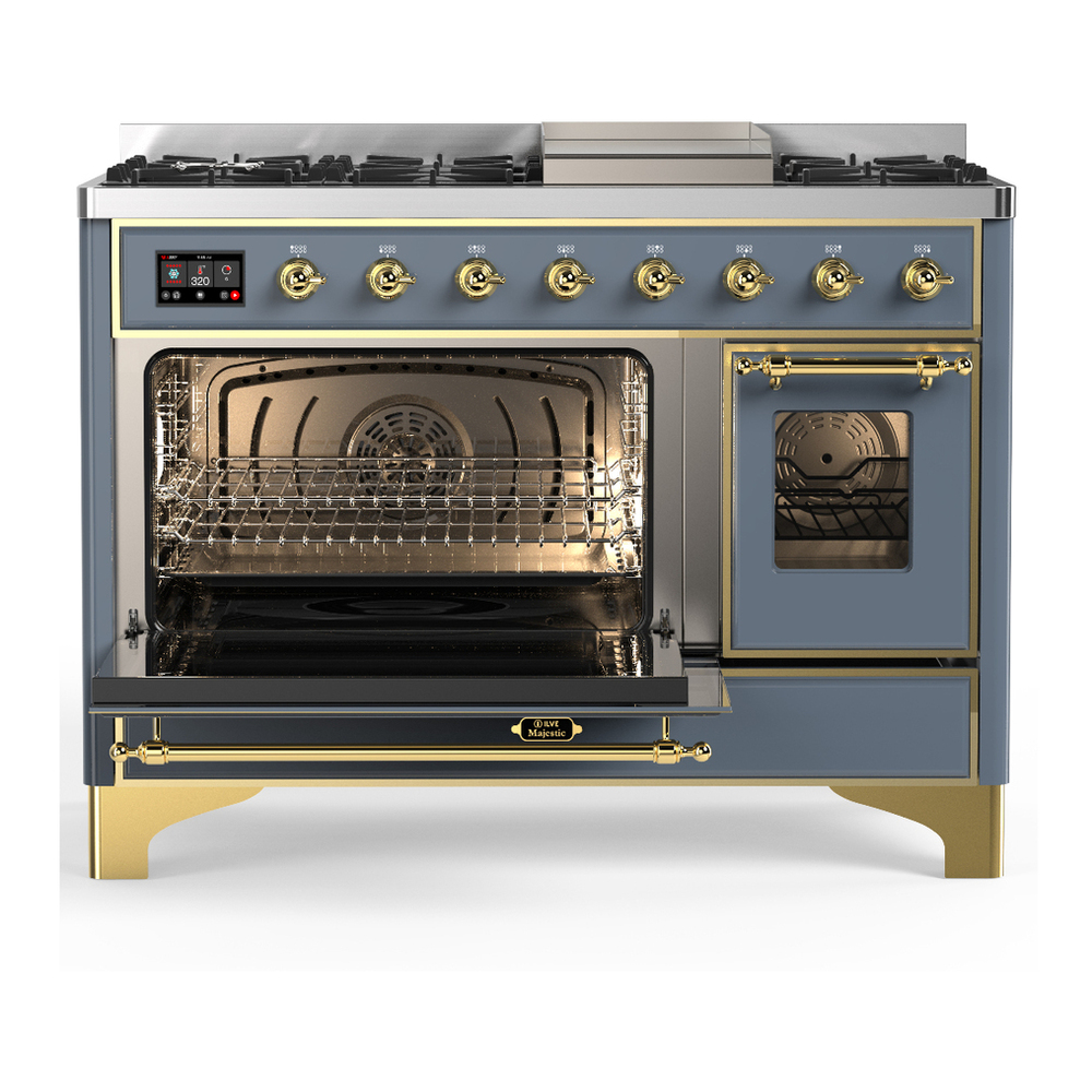 ILVE UM48FNR3BGGLP Majestic III 48 inch Dual Fuel Range with 8 Burners and Griddle, Dual Function Burner up to 25,000 BTU (Liquid Propane, Triple Glass Door, Blue Grey, Brass) 6 ILVE-UM48FNR3BGGLP-Primary Oven Open View