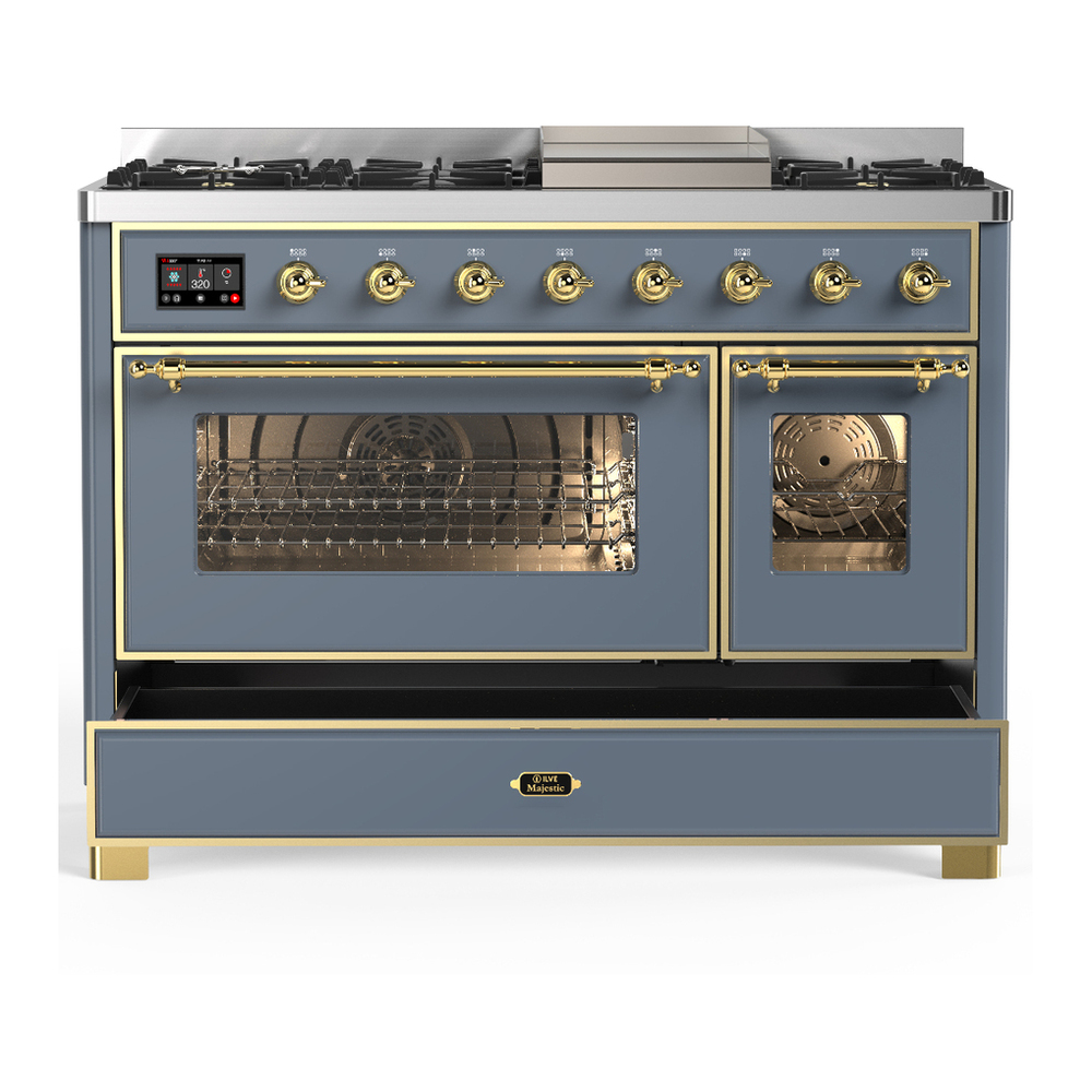 ILVE UM48FNR3BGGLP Majestic III 48 inch Dual Fuel Range with 8 Burners and Griddle, Dual Function Burner up to 25,000 BTU (Liquid Propane, Triple Glass Door, Blue Grey, Brass) 8 ILVE-UM48FNR3BGGLP-Drawer Open View