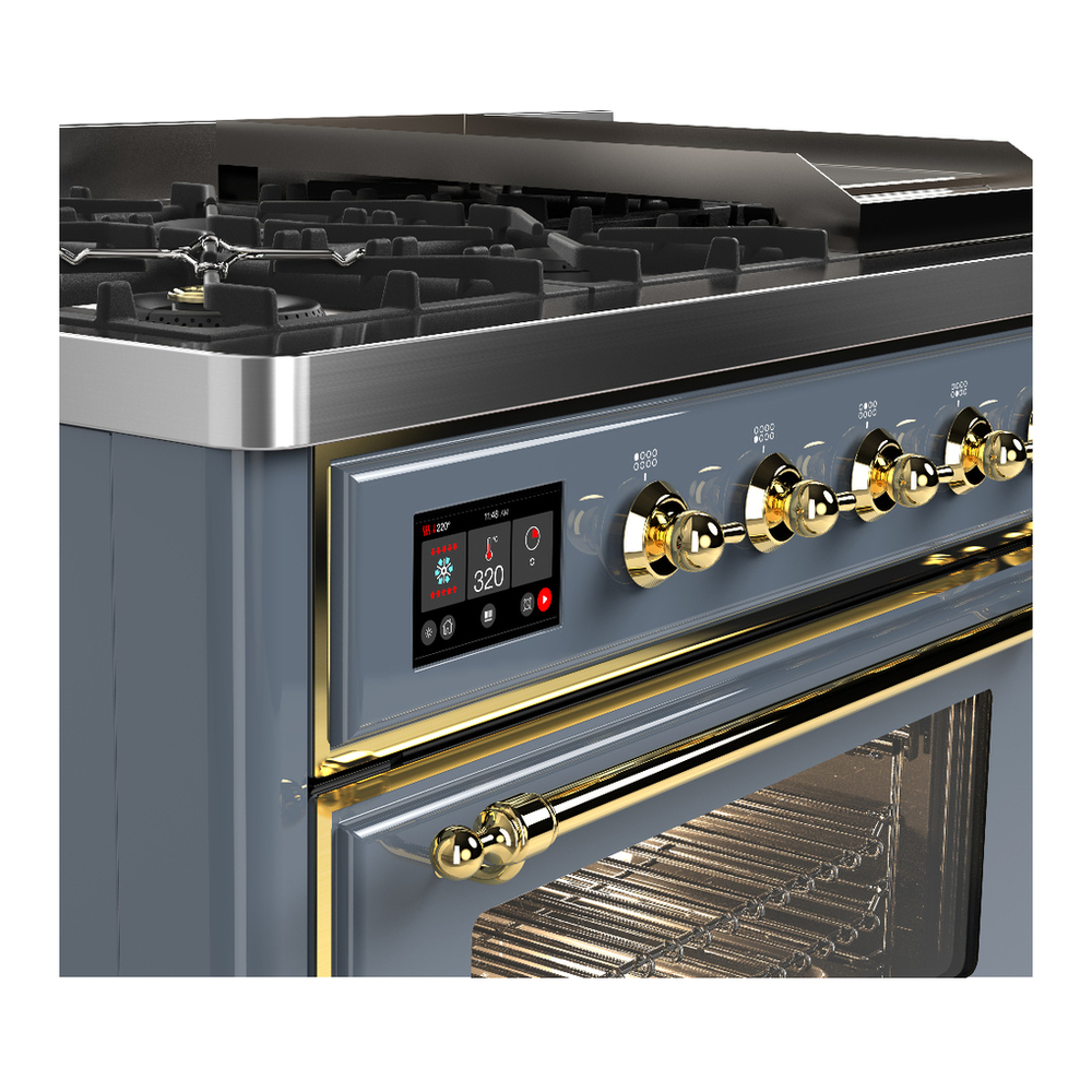 ILVE UM48FNR3BGGLP Majestic III 48 inch Dual Fuel Range with 8 Burners and Griddle, Dual Function Burner up to 25,000 BTU (Liquid Propane, Triple Glass Door, Blue Grey, Brass) 10 ILVE-UM48FNR3BGGLP-Control Knobs View