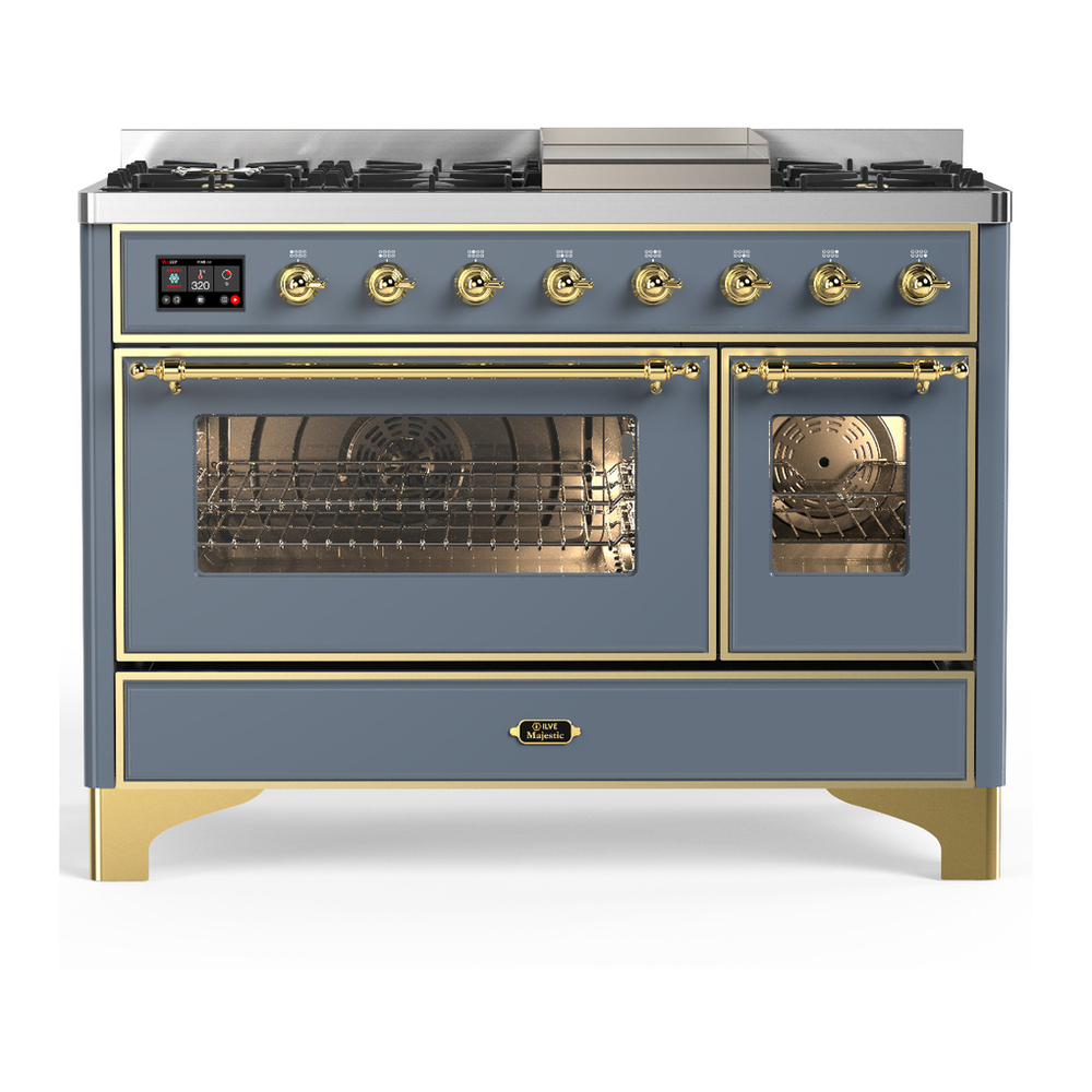 ILVE UM48FNR3BGG Majestic III 48 inch Dual Fuel Range with 8 Burners and Griddle, Dual Function Burner up to 25,000 BTU (Natural Gas, Triple Glass Door, Blue Grey, Brass) 1 UM48FNR3BGG