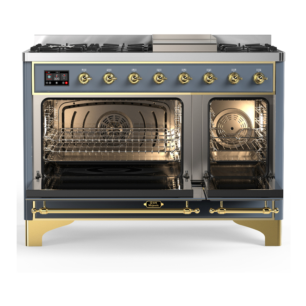 ILVE UM48FNR3BGG Majestic III 48 inch Dual Fuel Range with 8 Burners and Griddle, Dual Function Burner up to 25,000 BTU (Natural Gas, Triple Glass Door, Blue Grey, Brass) 2 ILVE UM48FNR Majestic II 48 inch Dual Fuel Range with 8 Burners, Griddle