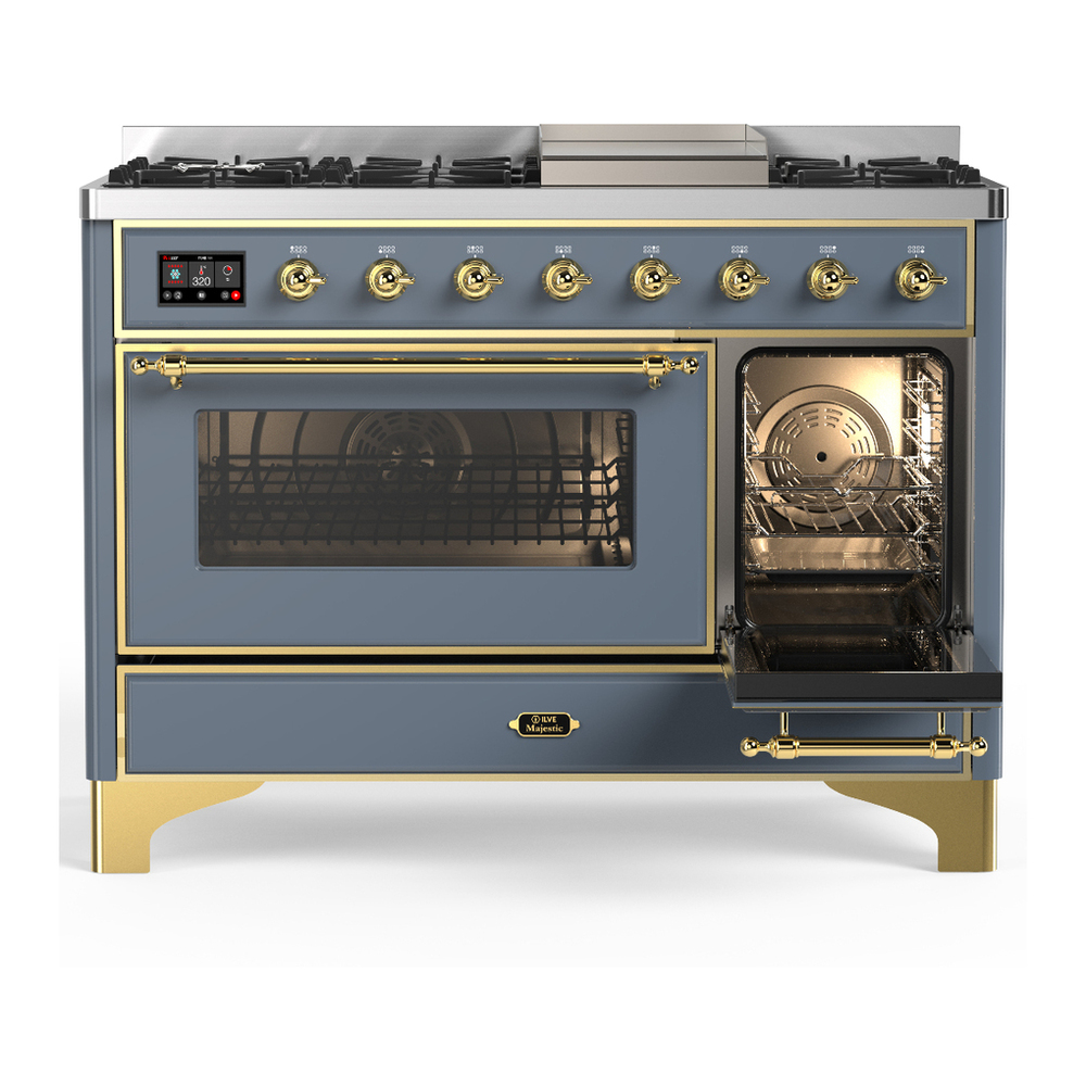 ILVE UM48FNR3BGG Majestic III 48 inch Dual Fuel Range with 8 Burners and Griddle, Dual Function Burner up to 25,000 BTU (Natural Gas, Triple Glass Door, Blue Grey, Brass) 4 ILVE UM48FNR Majestic II 48 inch Dual Fuel Range with 8 Burners, Griddle