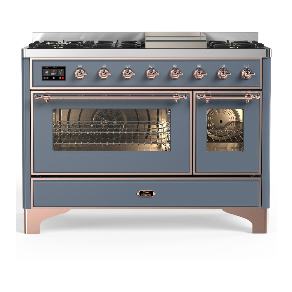 ILVE UM48FNR3BGP Majestic III 48 inch Dual Fuel Range with 8 Burners and Griddle, Dual Function Burner up to 25,000 BTU (Natural Gas, Triple Glass Door, Blue Grey, Copper) 1 UM48FNR3BGP