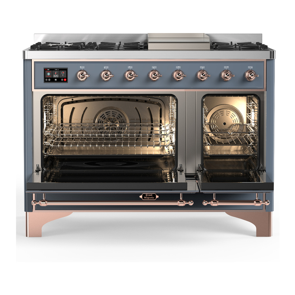 ILVE UM48FNR3BGP Majestic III 48 inch Dual Fuel Range with 8 Burners and Griddle, Dual Function Burner up to 25,000 BTU (Natural Gas, Triple Glass Door, Blue Grey, Copper) 2 ILVE-UM48FNR3BGP-Double Oven Open View