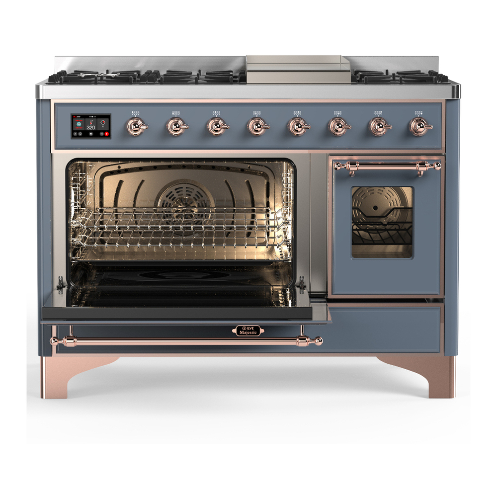 ILVE UM48FNR3BGP Majestic III 48 inch Dual Fuel Range with 8 Burners and Griddle, Dual Function Burner up to 25,000 BTU (Natural Gas, Triple Glass Door, Blue Grey, Copper) 6 ILVE-UM48FNR3BGP-Primary Oven Open View