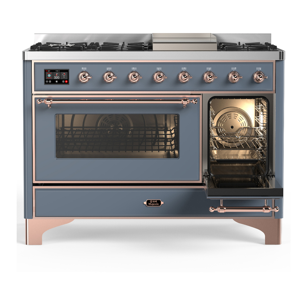 ILVE UM48FNR3BGP Majestic III 48 inch Dual Fuel Range with 8 Burners and Griddle, Dual Function Burner up to 25,000 BTU (Natural Gas, Triple Glass Door, Blue Grey, Copper) 4 ILVE-UM48FNR3BGP-Secondary Oven Open View